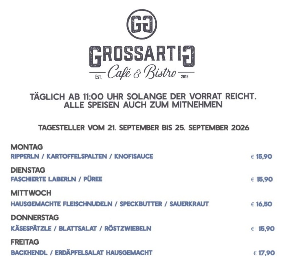 Aktuelle Wochenkarte mit den Tagestellern von Montag bis Freitag